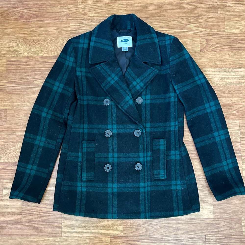 Women’s Old Navy Green and Black Plaid Peacoat size XS - Picture 4 of 7